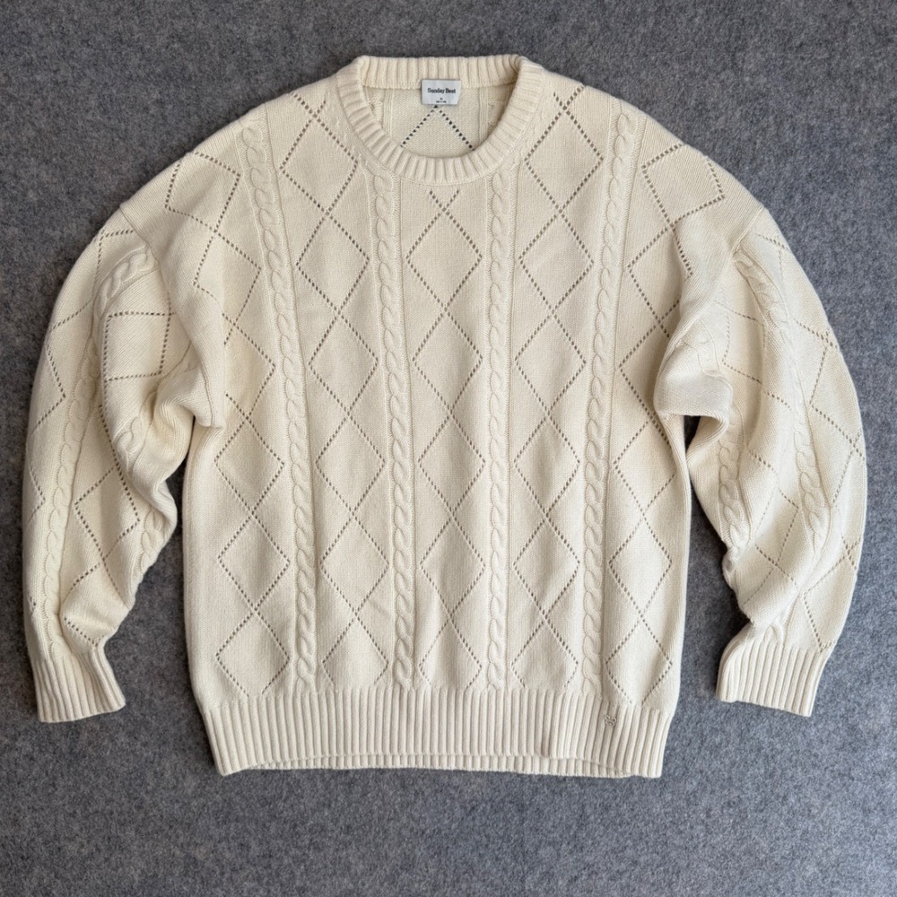 Sunday Best Merino Wool Cotton Cable Knit Sweater Womens M Cream Fisherman